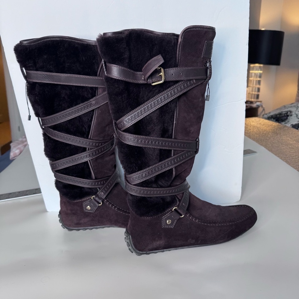 Louis Vuitton Brown Mocassin Fur Shearling Suede Knee Boots Straps Warm Sz 10.5